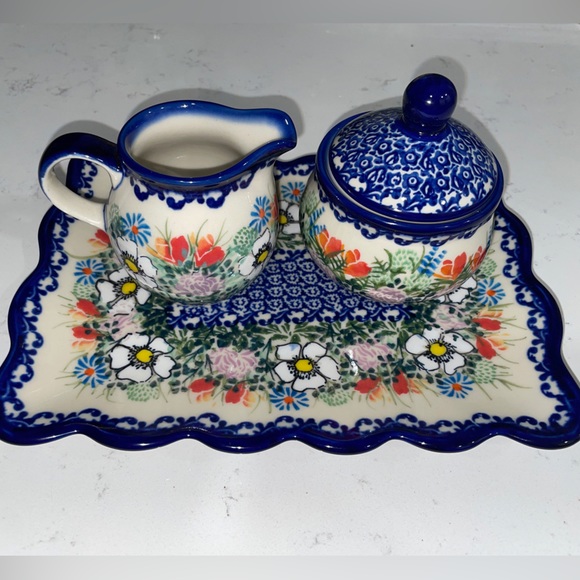 Polish Pottery KAKICH~ UNIKAT set of 3 sugar, bowl cleaner, and Trey - Picture 5 of 9